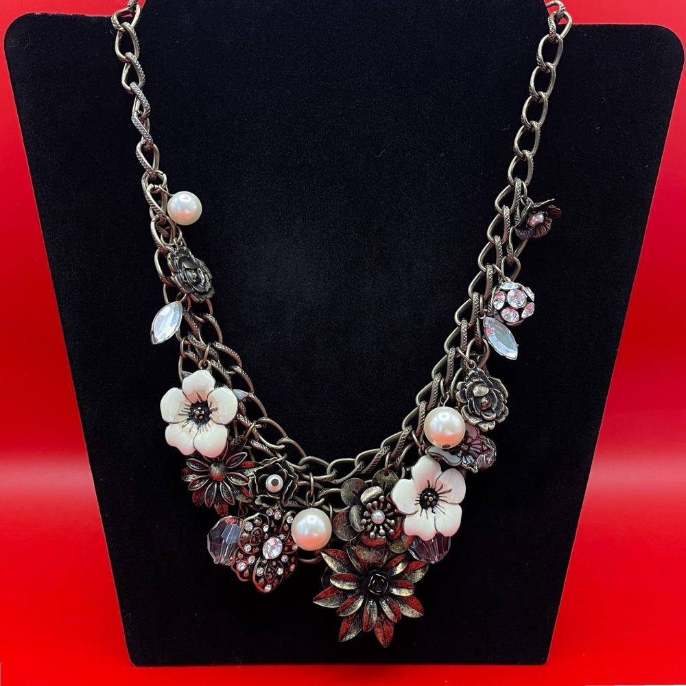 Floral Statement Necklace Antique Gold Tone Faux Pearl Enamel Flowers 22" Boho
